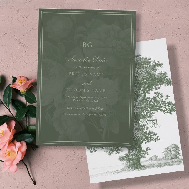 Reserva La Fecha Tema Boda del Fiesta del Jardín Verde Botánico Vin (Vintage Botanical Green Garden Party Wedding Theme Save The Date)