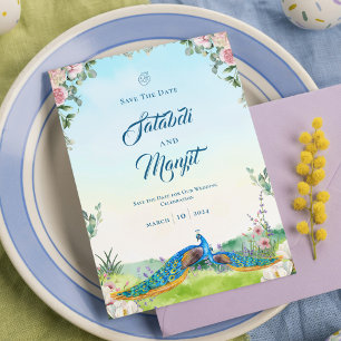 Reserva La Fecha Tema de boda floral de pavo real azul elegante   