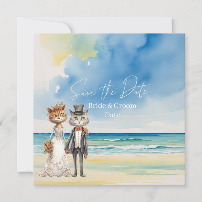 Reserva La Fecha Tema de la boda de la playa del gato Boda (Anverso)