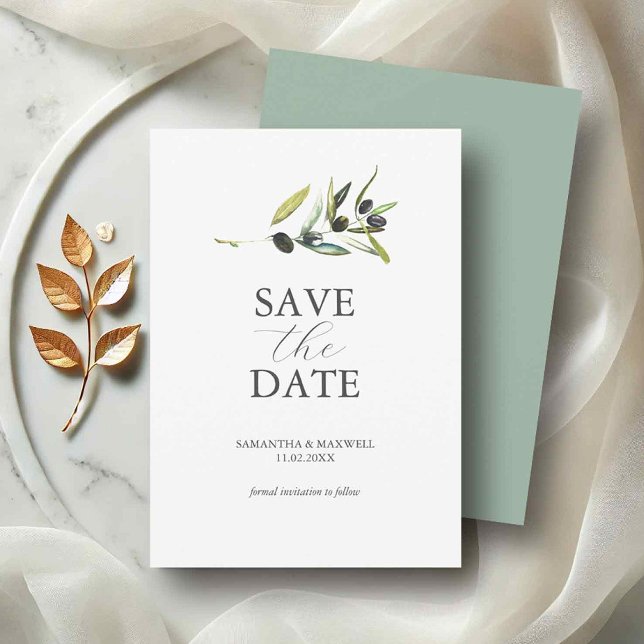 Reserva La Fecha Tema de Olivo No Foto Boda Guardar la Fecha (Non photo save the dates watercolor olive branch by Do Tell A Belle)
