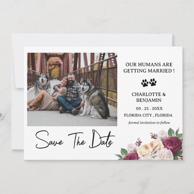 Reserva La Fecha Tema de perro floral burdeos con foto personalizad (Anverso)