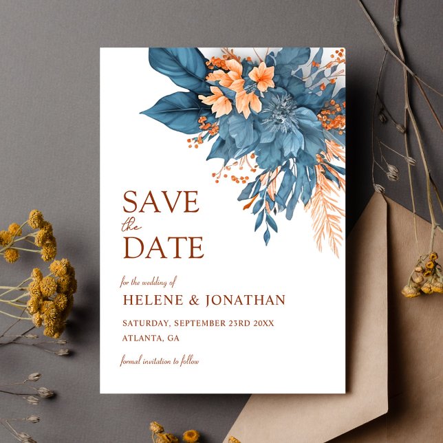 Reserva La Fecha Terracota Azul Polvoriento Floral Boho Elegante Bo (Dusty Blue Terracotta Boho Floral Elegant Wedding Save The Date)