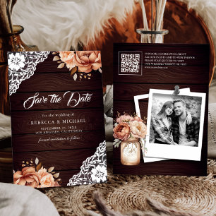 Reserva La Fecha Terracota Floral Madera Foto Código QR Boda