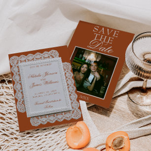 Reserva La Fecha Terracota Naranja Quemada Encaje Foto Boda Elegant