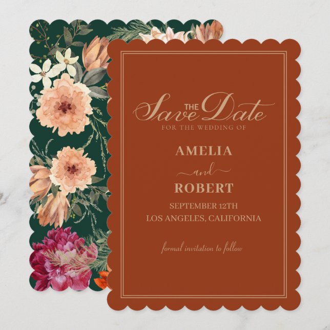 Reserva La Fecha Terracota quemada naranja floral otoño boda (Anverso / Reverso)