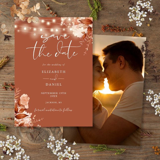 Reserva La Fecha Terracota Rustic Floral Luces Foto Boda Caída (Terracotta Rustic Floral Lights Photo Fall Wedding Save The Date)