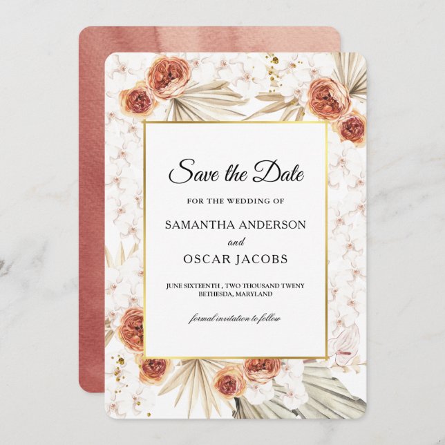 Reserva La Fecha Terracota Tropical Floral Seca (Anverso / Reverso)