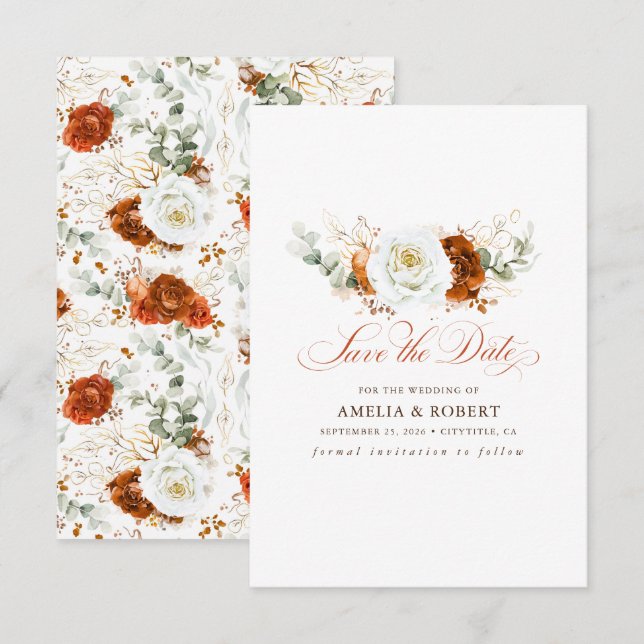 Reserva La Fecha Terracotta and White Chic Floral Save the Date (Anverso / Reverso)