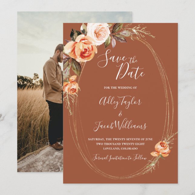 Reserva La Fecha Terracotta Boho Fall Boda de fotografía floral (Anverso / Reverso)