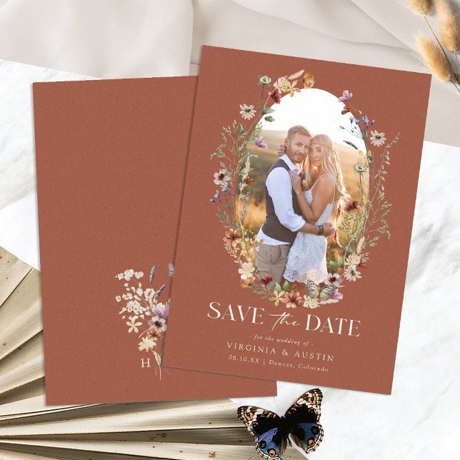 Reserva La Fecha Terracotta Boho Floral Save The Date (Terracotta Boho Floral Save The Date Photo Monogram by Painted Paperie
)