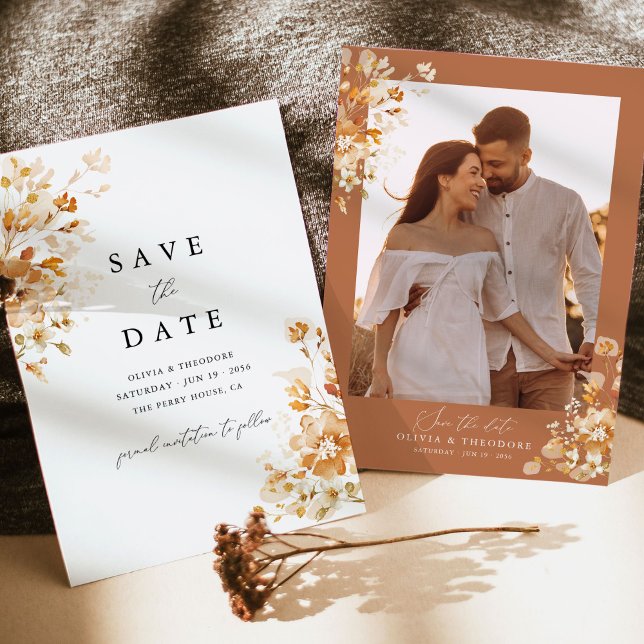 Reserva La Fecha Terracotta Floral Elegant Photo Back Wedding (Terracotta photo save the date card with burnt orange floral frame, elegant boho wedding)