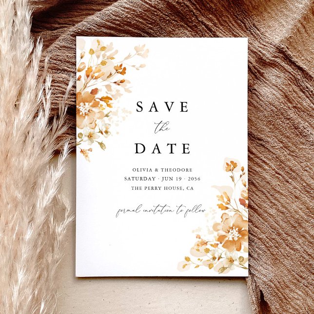 Reserva La Fecha Terracotta Floral Elegant Watercolor Wedding (Terracotta floral save the date card with elegant typography, burnt orange watercolor boho wedding)