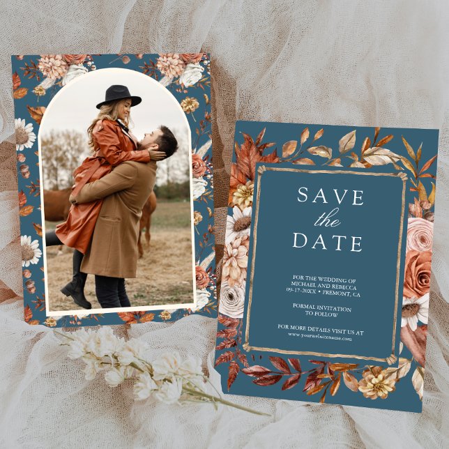 Reserva La Fecha Terracotta Floral Photo Dusty Blue Wedding (Subido por el creador)