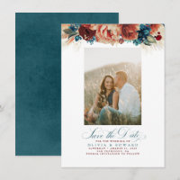 Terracotta Floral Verde azulada Save the Date Phot
