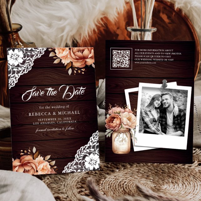 Reserva La Fecha Terracotta Floral Wood Foto Boda de código QR (Subido por el creador)