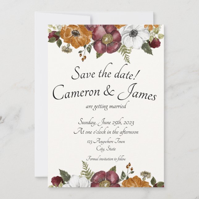 Reserva La Fecha Terracotta & Maroon Boho Wildflower Garden Wedding (Anverso)