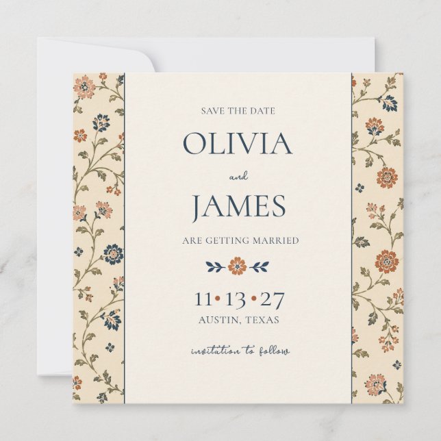 Reserva La Fecha Terracotta Navy Patterned Floral Wedding (Anverso)