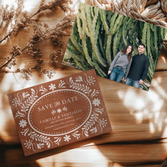 Reserva La Fecha Terracotta Talavera Foto Guardar fecha (Terracotta Rustic Papel Picado Save the Date with Photo)