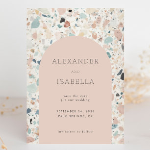 Reserva La Fecha Terrazzo Rubor Apricot Pastel Retro Arch Boda