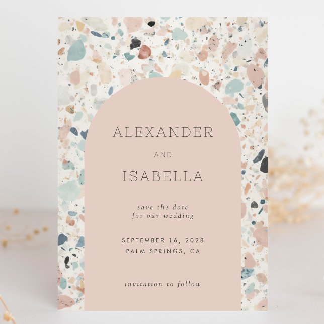 Reserva La Fecha Terrazzo Rubor Apricot Pastel Retro Arch Boda (Subido por el creador)