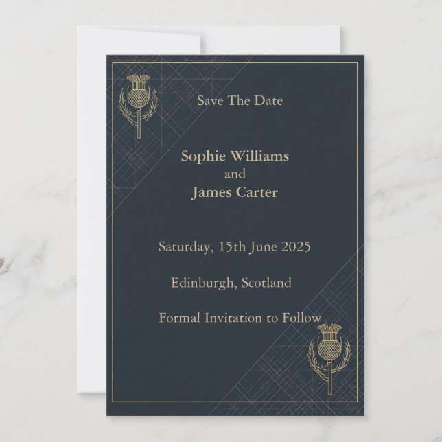 Reserva La Fecha Thistle y Tartán Boda de Escocia (Anverso)