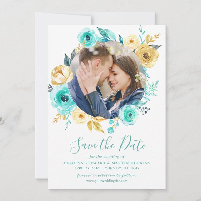 Reserva La Fecha Tiffany Gold Floral Wreath Photo Save the Date (Anverso)