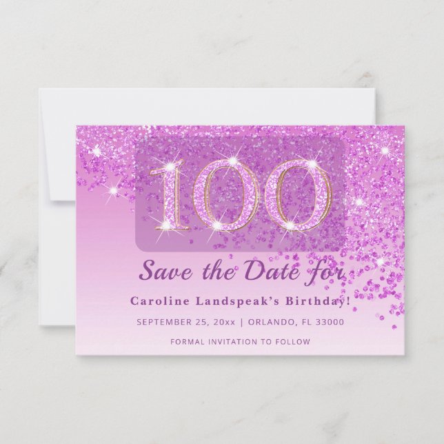 Reserva La Fecha Timeless 100th Birthday Pink Glitter Frosted  (Anverso)