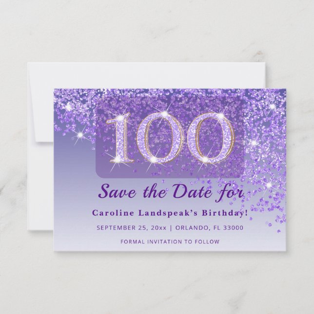 Reserva La Fecha Timeless 100th Birthday Purple Glitter Frosted  (Anverso)
