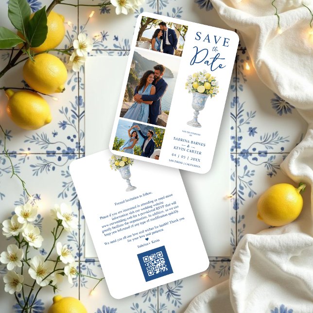 Reserva La Fecha Timeless Chalice Vase Mediterranean Lemons Flowers (Classic Chalice Vase with Mediterranean Lemons and Flowers 3-Photo Wedding Save the Date Cards.)