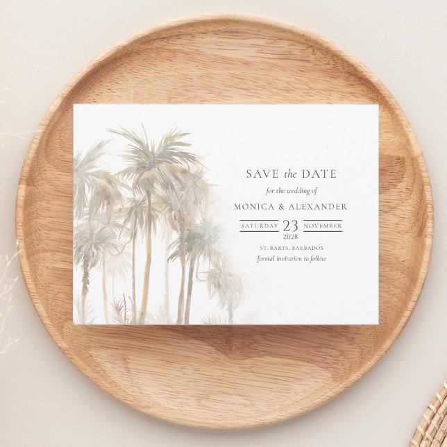 Reserva La Fecha Tipografía De Árboles Tropicales Salva La Fecha (Simple Palm Tree Tropical Watercolor Save the Date Wedding Announcement)