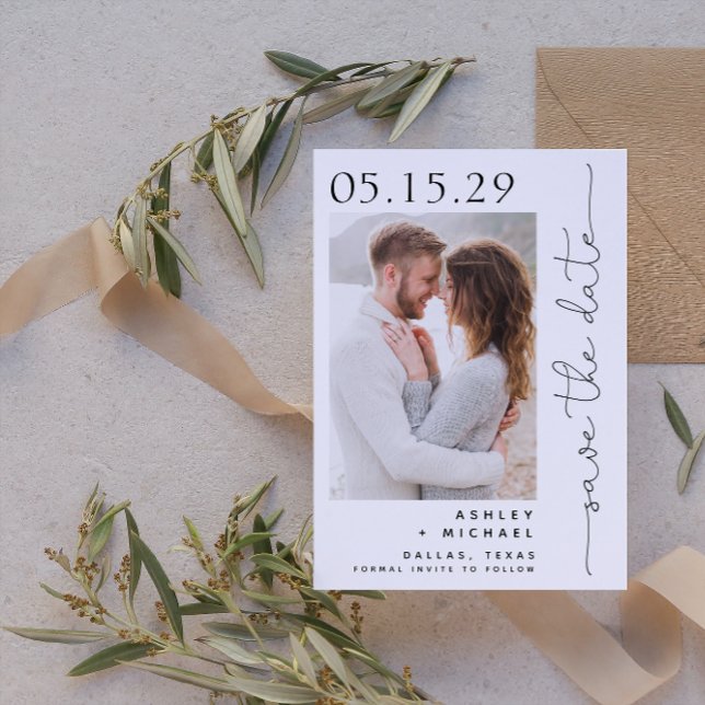 Reserva La Fecha Tipografía de escritura manuscrita simple 2 foto (Save Your Date in Style! Elegant & Personalizable Wedding Card. 💍💌 [Add Details])