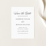 Reserva La Fecha Tipografía de guiones elegantes y negros<br><div class="desc">Anuncie su fecha de boda con esta elegante tarjeta de fecha guardar. Presenta una escritura caprichosa y una tipografía clásica. Personalice este script para guardar la fecha agregando sus detalles. Este clásico ahorra la tarjeta de invitación de fecha es perfecta para cualquier tema boda o temporada boda.</div>