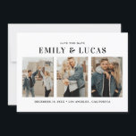 Reserva La Fecha Tipografía en blanco y negro Tres Collages de foto<br><div class="desc">Tipografía en blanco y negro Tres Collages de fotos Guardar la tarjeta de fecha. Anunciar la fecha de su boda con esta tarjeta de fecha moderna guardar. Presenta una tipografía simple con rayas blancas y negras. Esta foto para guardar la fecha es una manera perfecta de mostrar tus múltiples fotos...</div>