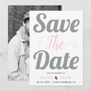 Reserva La Fecha Tipografía gris y rosa y foto en la parte posterio