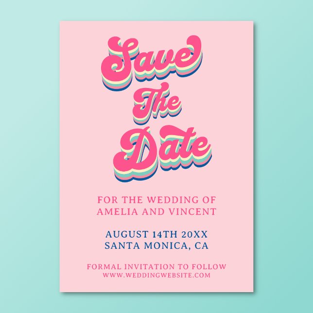 Reserva La Fecha Tipografía Rosa Retro Groovy Boda (Retro groovy save the date card on a turquoise background.)