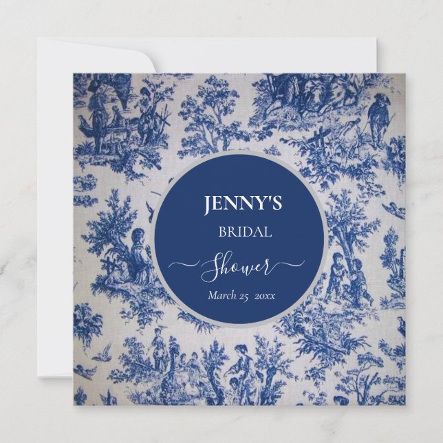 Reserva La Fecha Toile de Jouy Ducha azul y blanca de novias (Anverso)