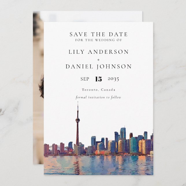 Reserva La Fecha Toronto Skyline Watercolor Photo Wedding (Anverso / Reverso)