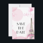 Reserva La Fecha Torre Eiffel Rosa París Dulce 16<br><div class="desc">Personalizar de este elegante tema de París Guarda la tarjeta de fecha para su propio evento. La tarjeta tiene un ilustracion acuático de la Torre Eiffel a ambos lados y está decorada con un bokeh rosa y una frase parisina "ooh la la!". El texto de la parte delantera simplemente dice...</div>
