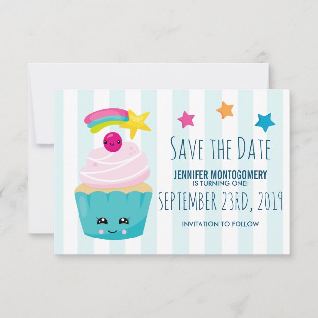 Reserva La Fecha Torta azul dulce con cara de Kawaii Cumpleaños (Anverso)