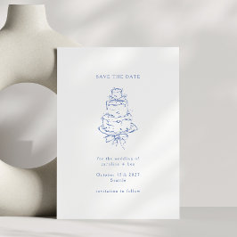Reserva La Fecha Torta de Boda Minimalista con Dibujos Azules Vinta