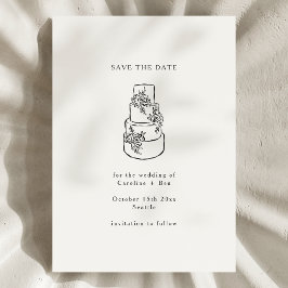 Reserva La Fecha Torta de boda minimalista con flores en blanco y n