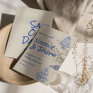 Reserva La Fecha Torta De Champagne Retro Dibujada A Mano Azul Boda