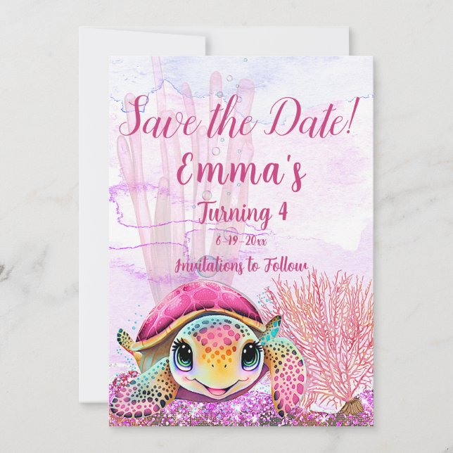 Reserva La Fecha Tortuga, cuarto cumpleaños, bajo el mar (Anverso)