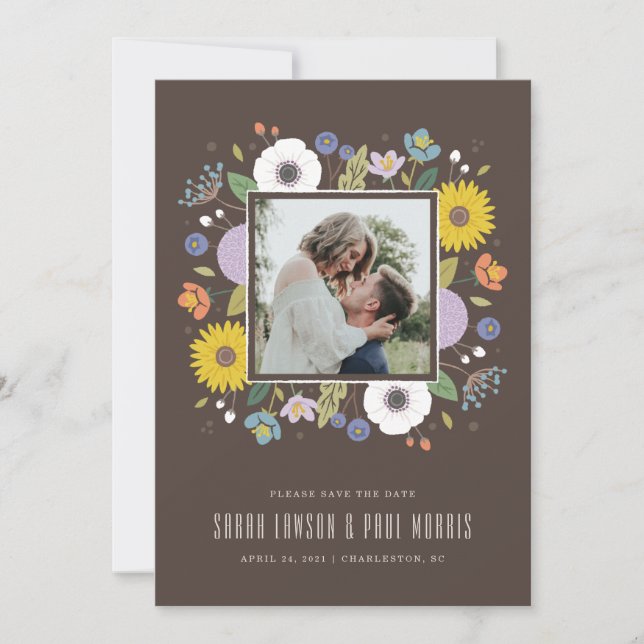 Reserva La Fecha Trellis Flower Frame Save the Date - Marrón (Anverso)