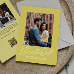 Reserva La Fecha Trendy citrus yellow stylish script two photo<br><div class="desc">This stylish save the date features a retro inspired script "save the date" under a single photo on a trendy color of the year citrus yellow background along with simple custom text. The back of this modern save the date has a coordinating yellow stripe along with a horizontal photo, room...</div>