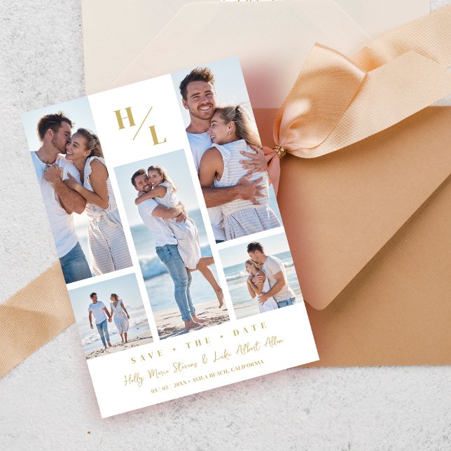 Reserva La Fecha Trendy Initials Original Collage Wedding 5 Photos (Trendy Initials Original White Collage Wedding 5 Multi Photos Save the Date with Envelope.)