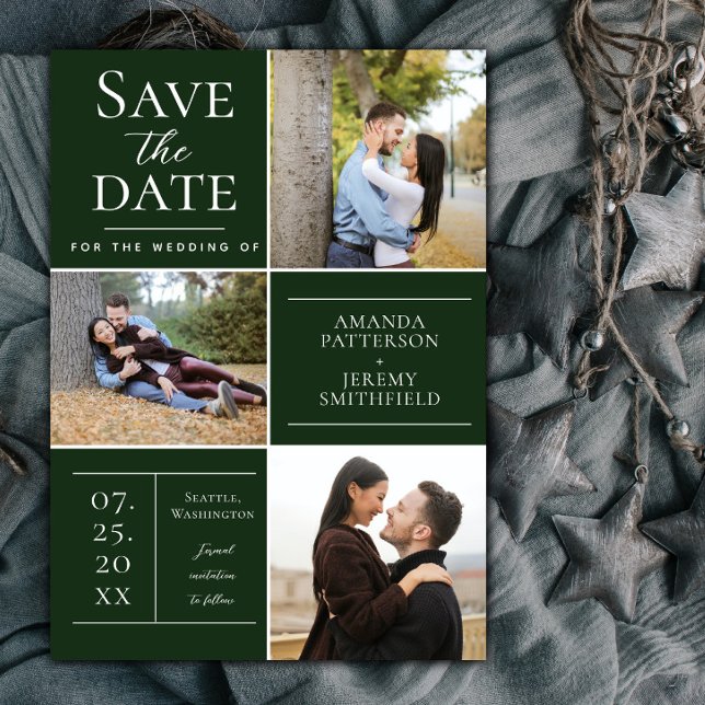 Reserva La Fecha Tres Collages de fotos modernos | Esmeralda (Emerald Green Modern Three Photo Collage Save the Date)