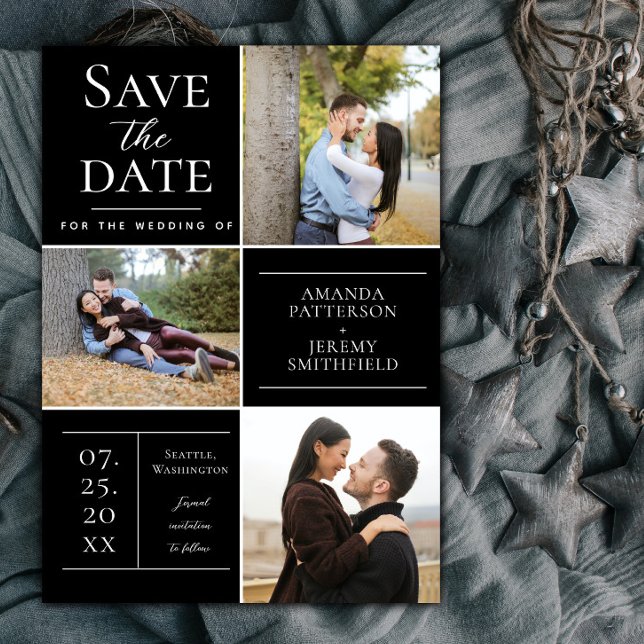 Reserva La Fecha Tres Collages de fotos modernos | Negro Guardar la (Black Modern Three Photo Collage Save the Date)