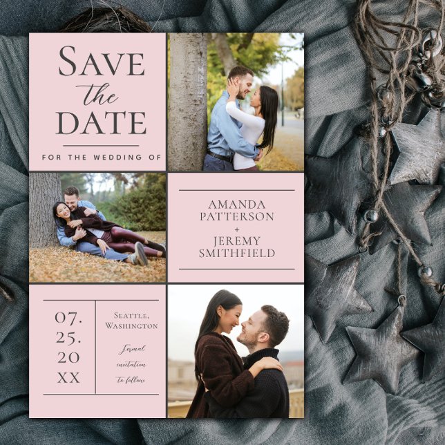 Reserva La Fecha Tres Collages de fotos modernos | Pink Save the Da (Pink Modern Three Photo Collage Save the Date)