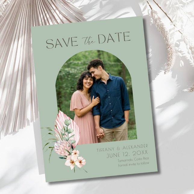 Reserva La Fecha Tropical Beach Arch Photo Destination Wedding  (Elegant Beach Tropical Photo Wedding Save The Date)
